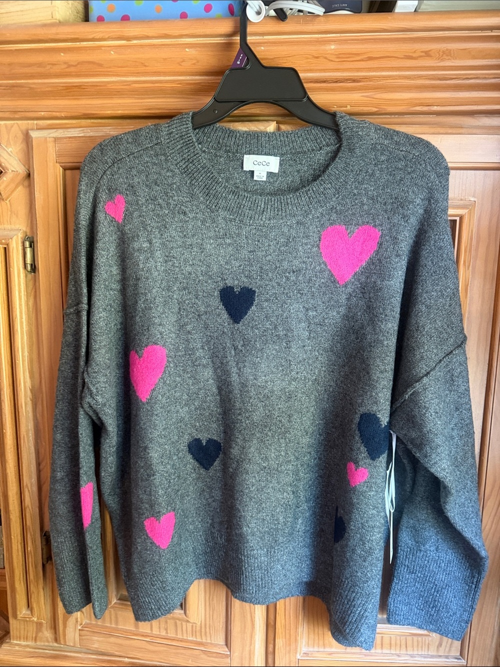 CeCe Heather Gray Crewneck Sweater with Pink & Navy Heart Motifs